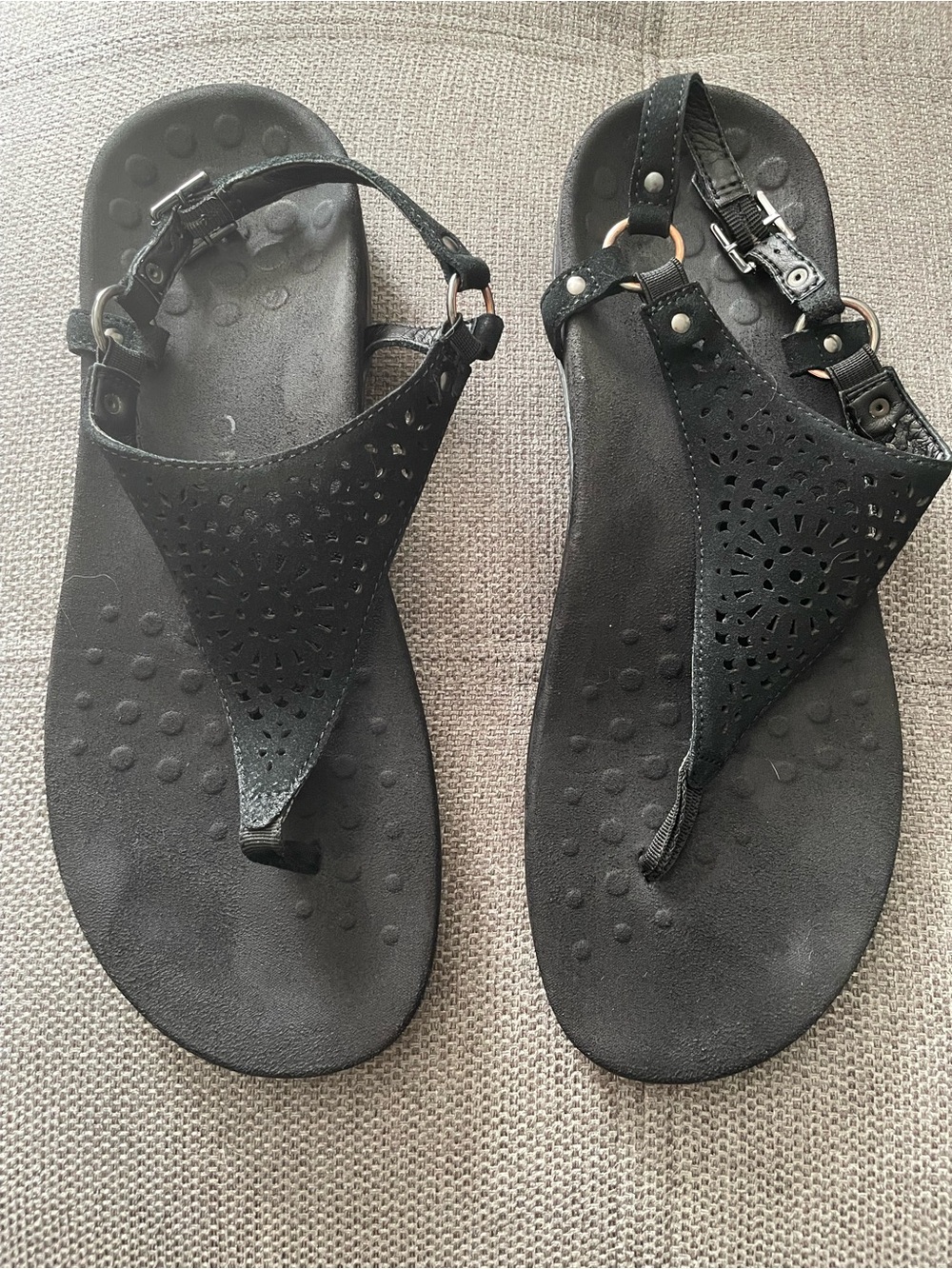 Women’s Black Laser-Cut T-Strap Sandals
